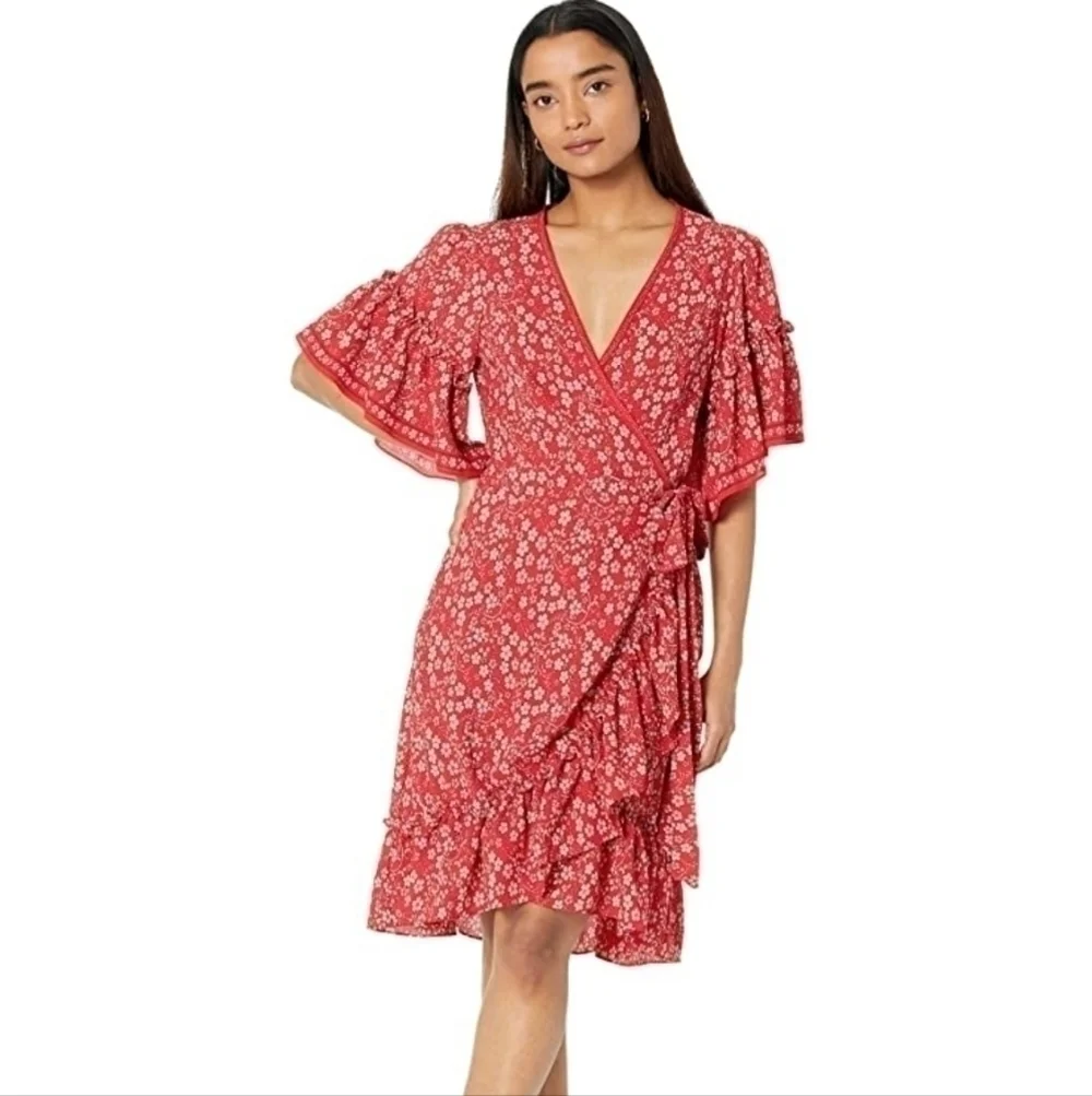 MAX STUDIO Ruffled Hi/Lo Yellow Floral Crepe Wrap Dress - Picture 2 of 15